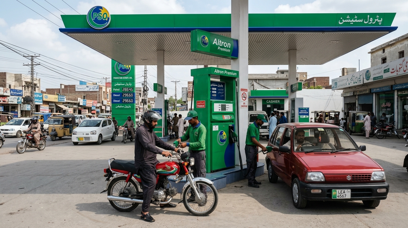 Pakistani petrol station refueling motorcycle and car under Petrol Relief Scheme